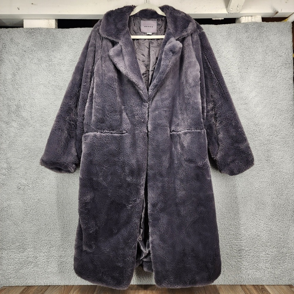 BLANKNYC Womens Long Faux Fur Coat Oversized Collar Grey Size Large
